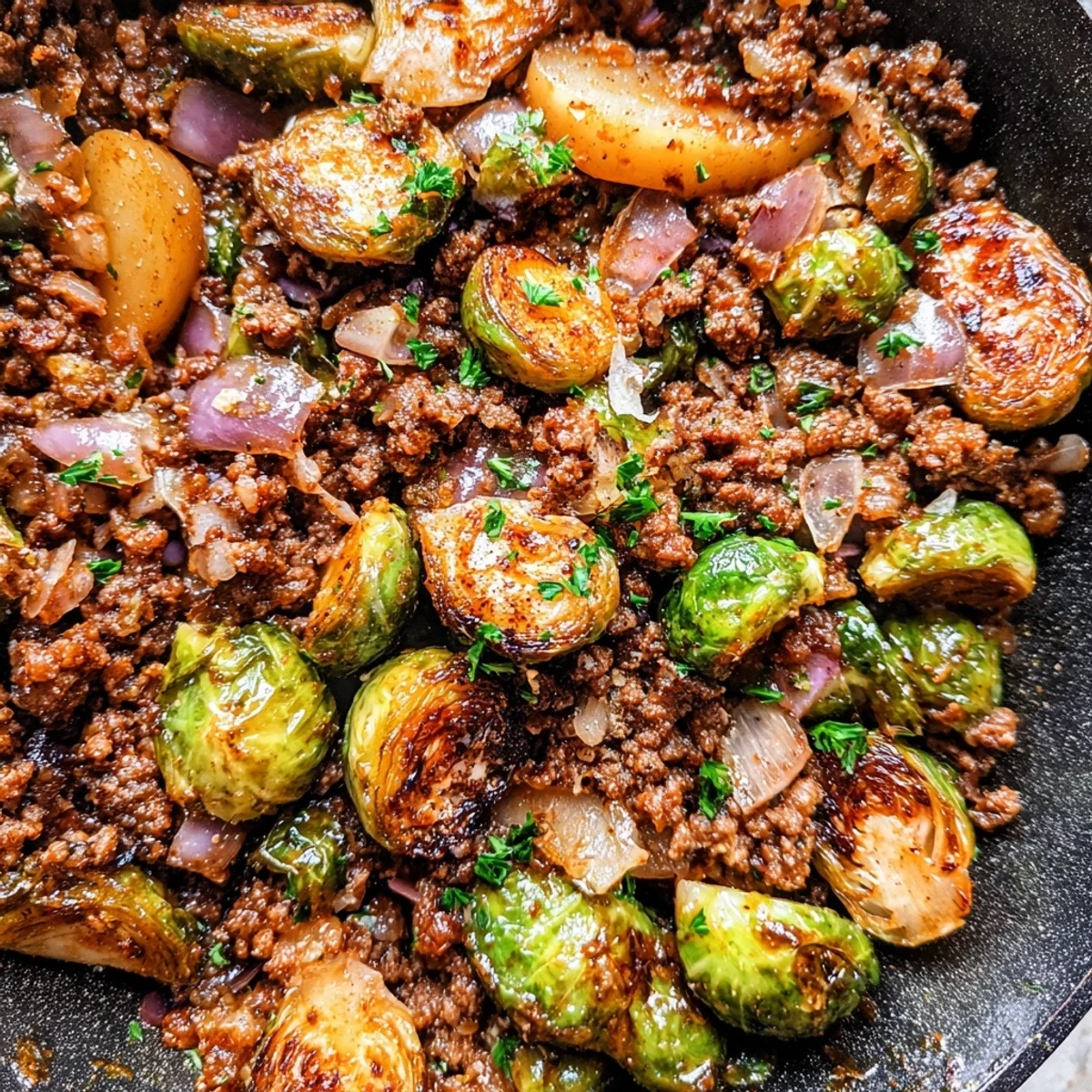 Ground Beef Brussels Sprouts Recipe served in cast iron with fresh parsley garnish on top