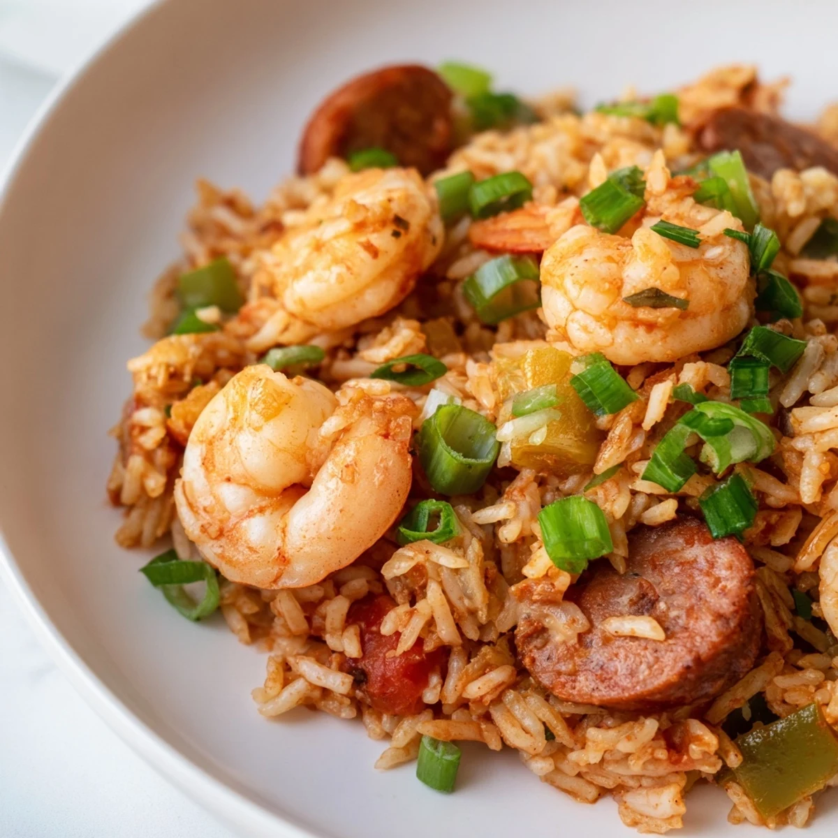 Shrimp and Sausage Dirty Rice steaming in a cast iron skillet with fresh parsley garnish
