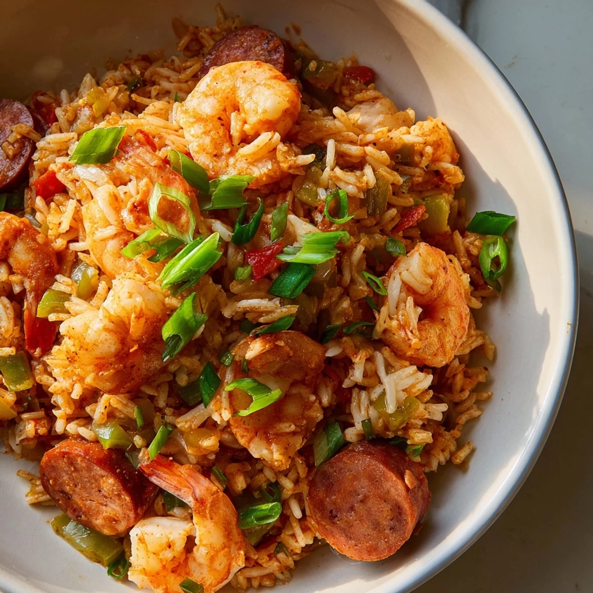 Hearty bowl of Shrimp and Sausage Dirty Rice topped with sliced scallions and tender pink shrimp