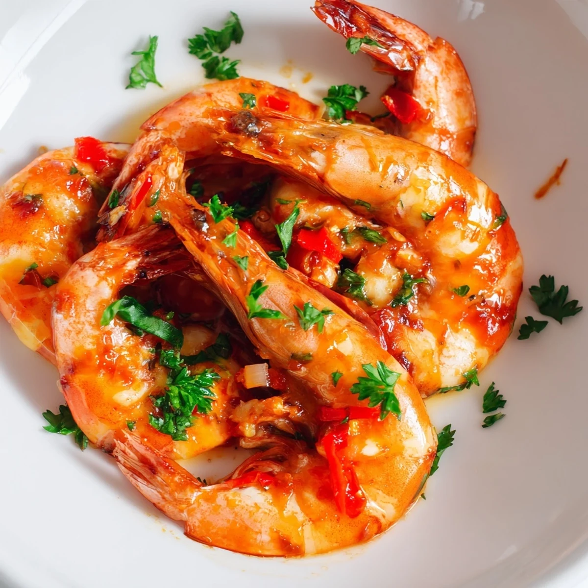 Golden pan-seared Garlic Paprika Shrimp Skillet topped with fresh parsley and lemon wedges