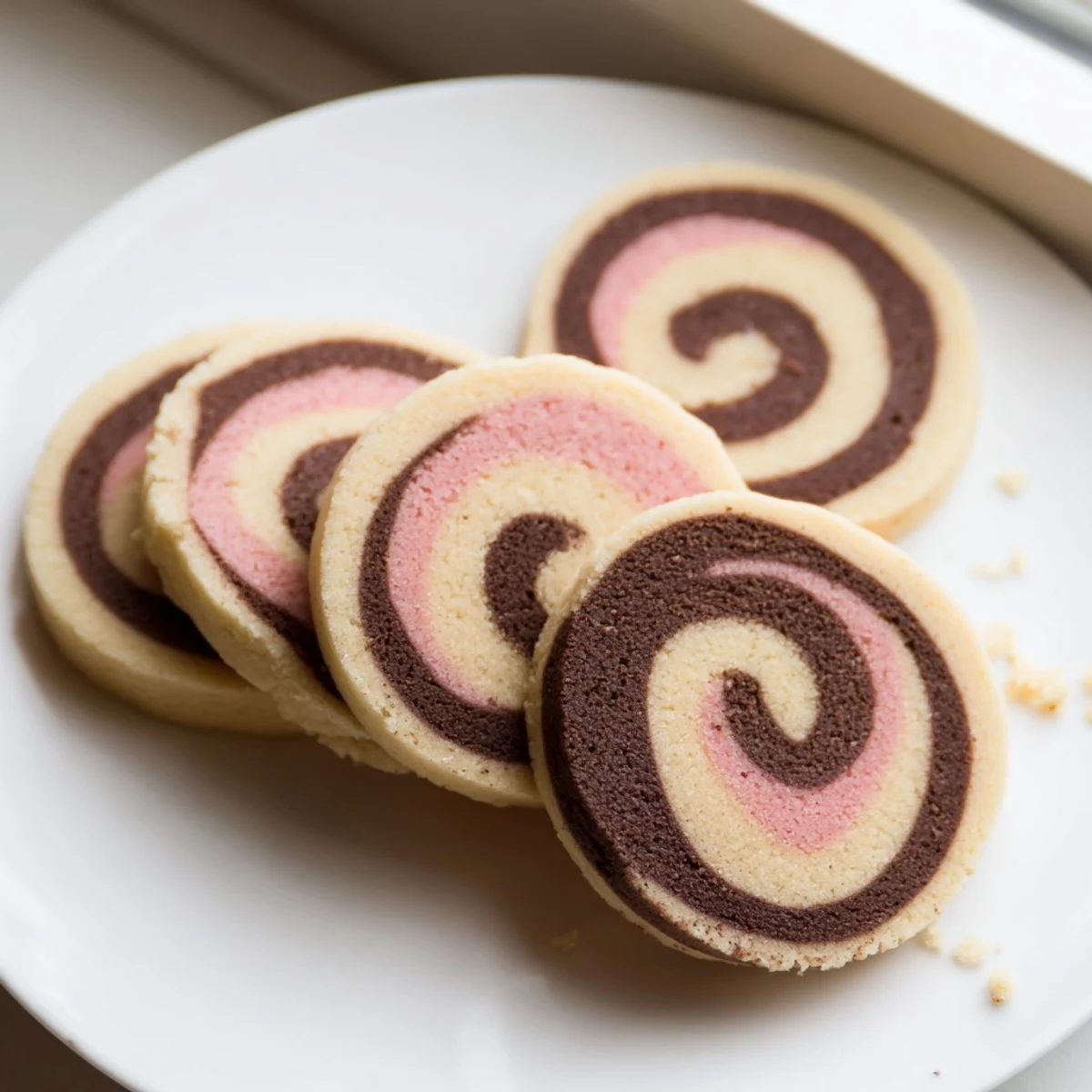 Neapolitan Swirl Cookies showcase chocolate, vanilla, and strawberry spirals on a rustic baking sheet.