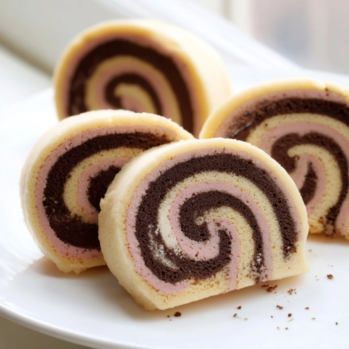 A close-up of Neapolitan Swirl Cookies revealing vibrant tri-colored pinwheel rounds fresh from the oven.