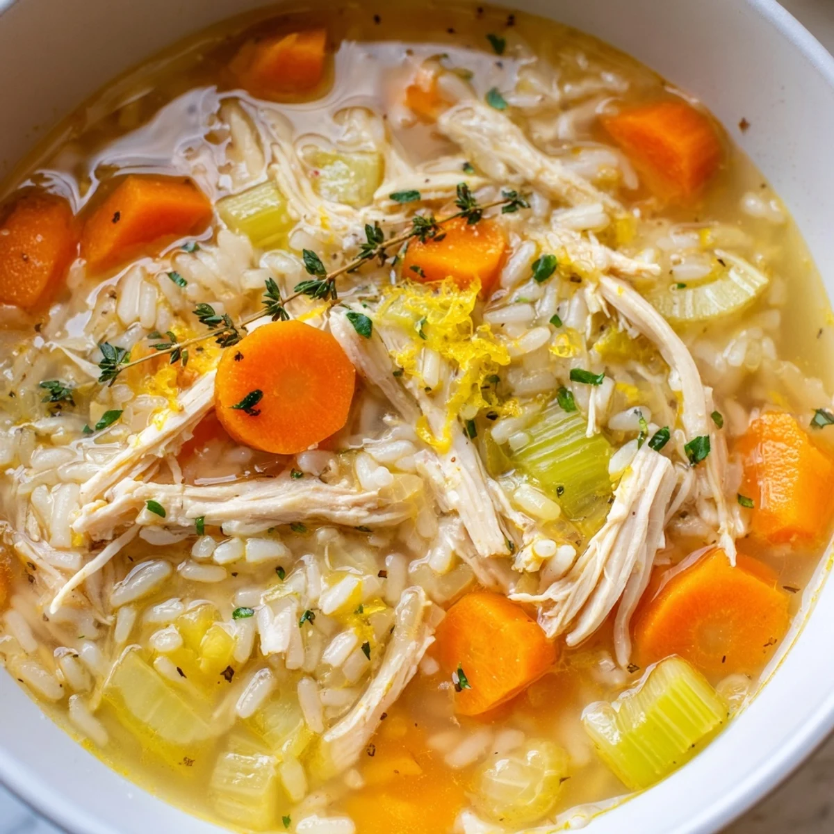 Bowl of crockpot lemon chicken soup with tender shredded meat, carrots, and fresh parsley.