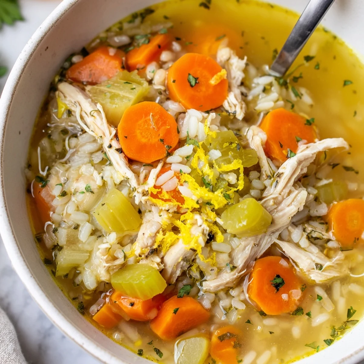 Golden crockpot lemon chicken soup brimming with vegetables and herbs in a tangy broth.