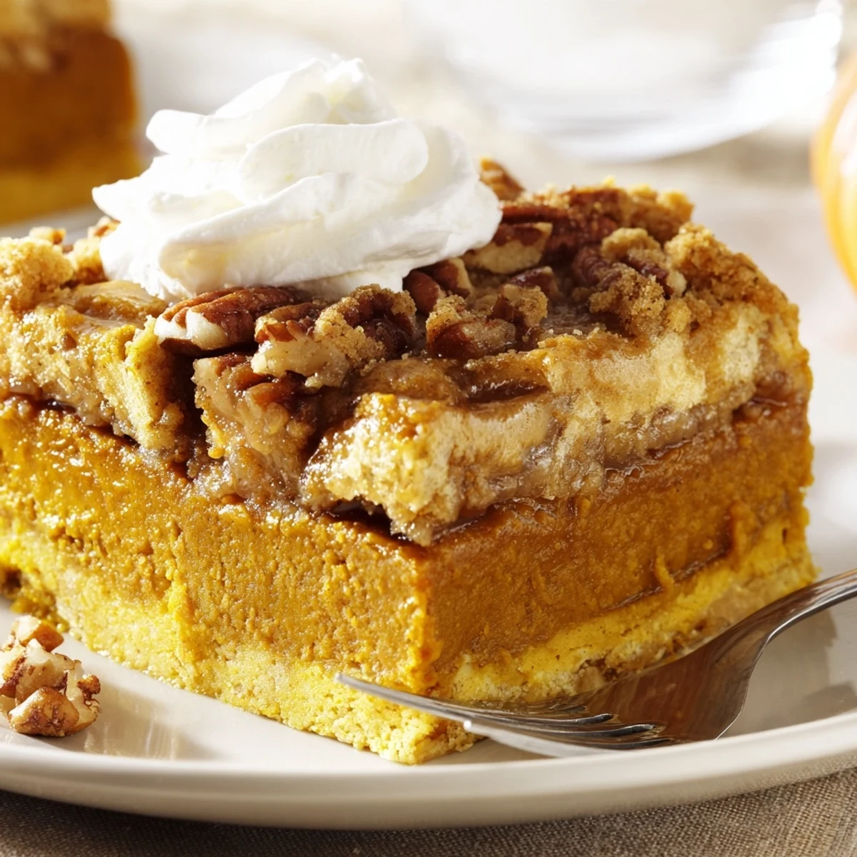 Warm pumpkin dump cake scooped into a bowl topped with whipped cream