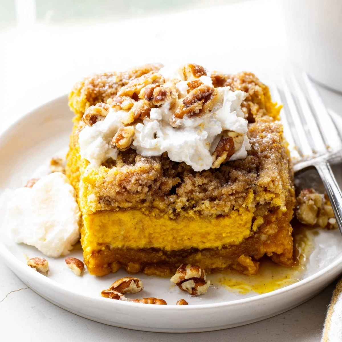 Golden pumpkin dump cake with spiced filling and buttery pecan topping fresh from oven
