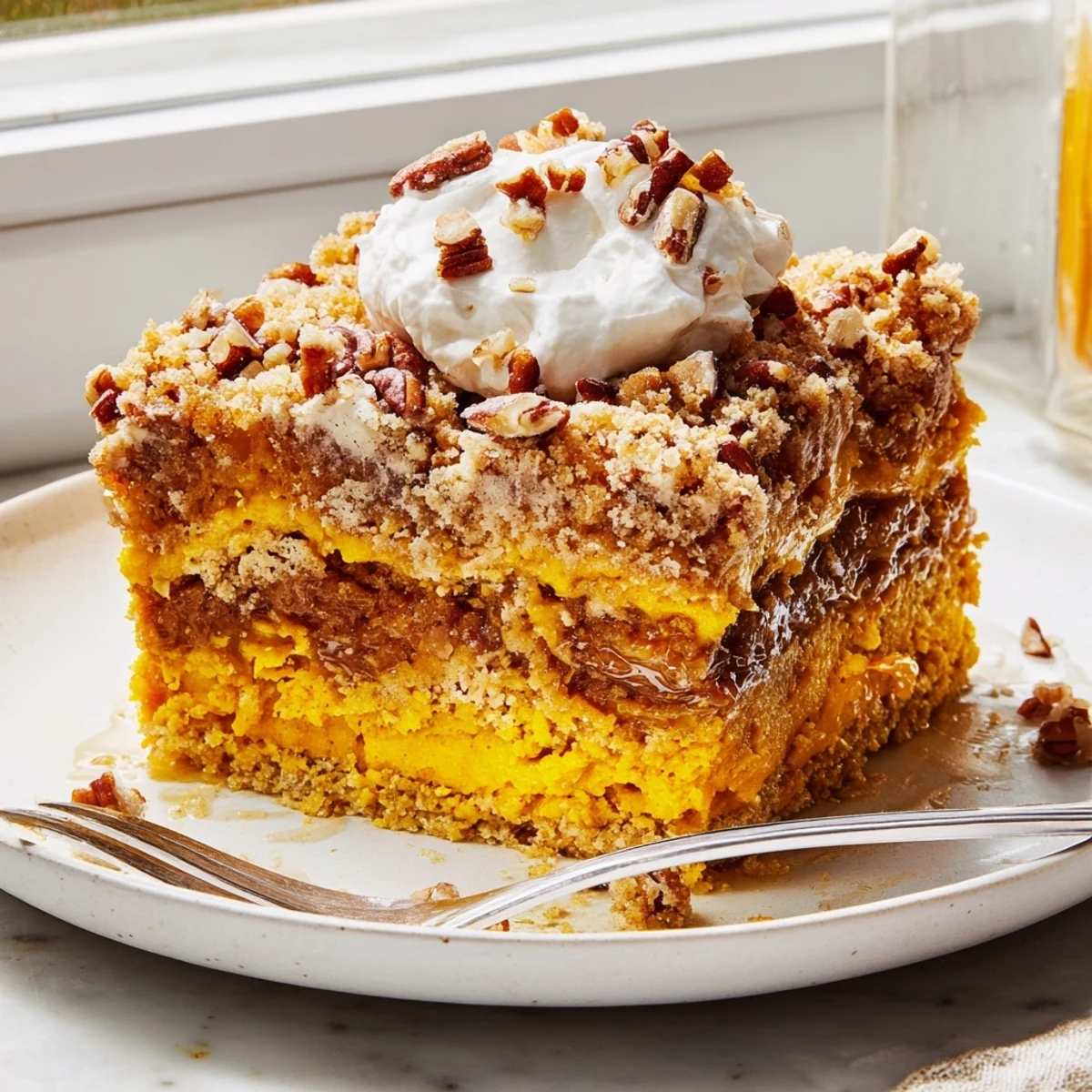 Crusty golden cake mix layer crowning creamy spiced pumpkin dump cake filling