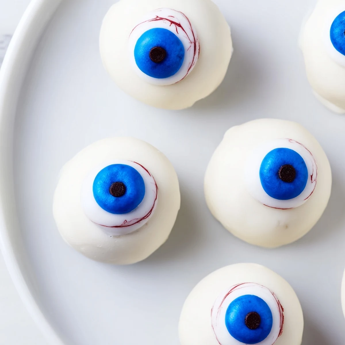 Round Halloween Cake Eyeballs coated in white chocolate with spooky bloodshot vein details