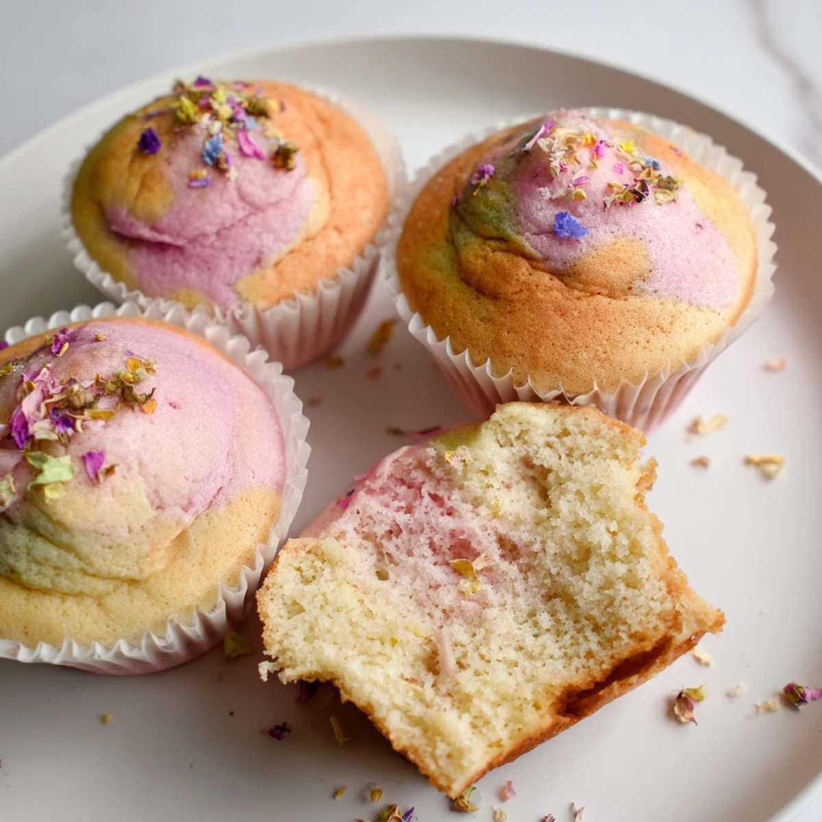 Fluffy Steamed Blooming Cupcakes swirled with pink frosting and edible flowers