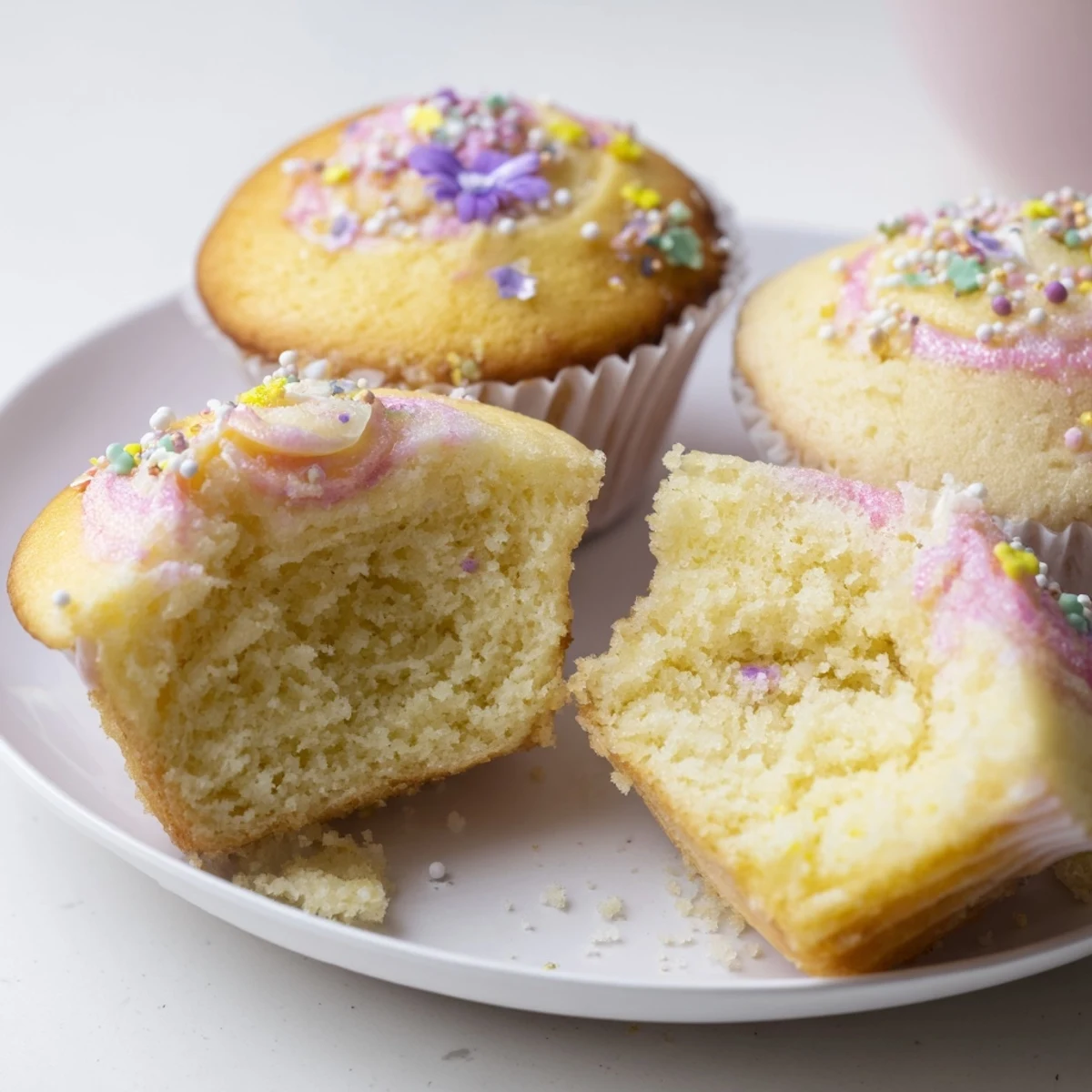 Moist Steamed Blooming Cupcakes split open revealing colorful marbled batter inside