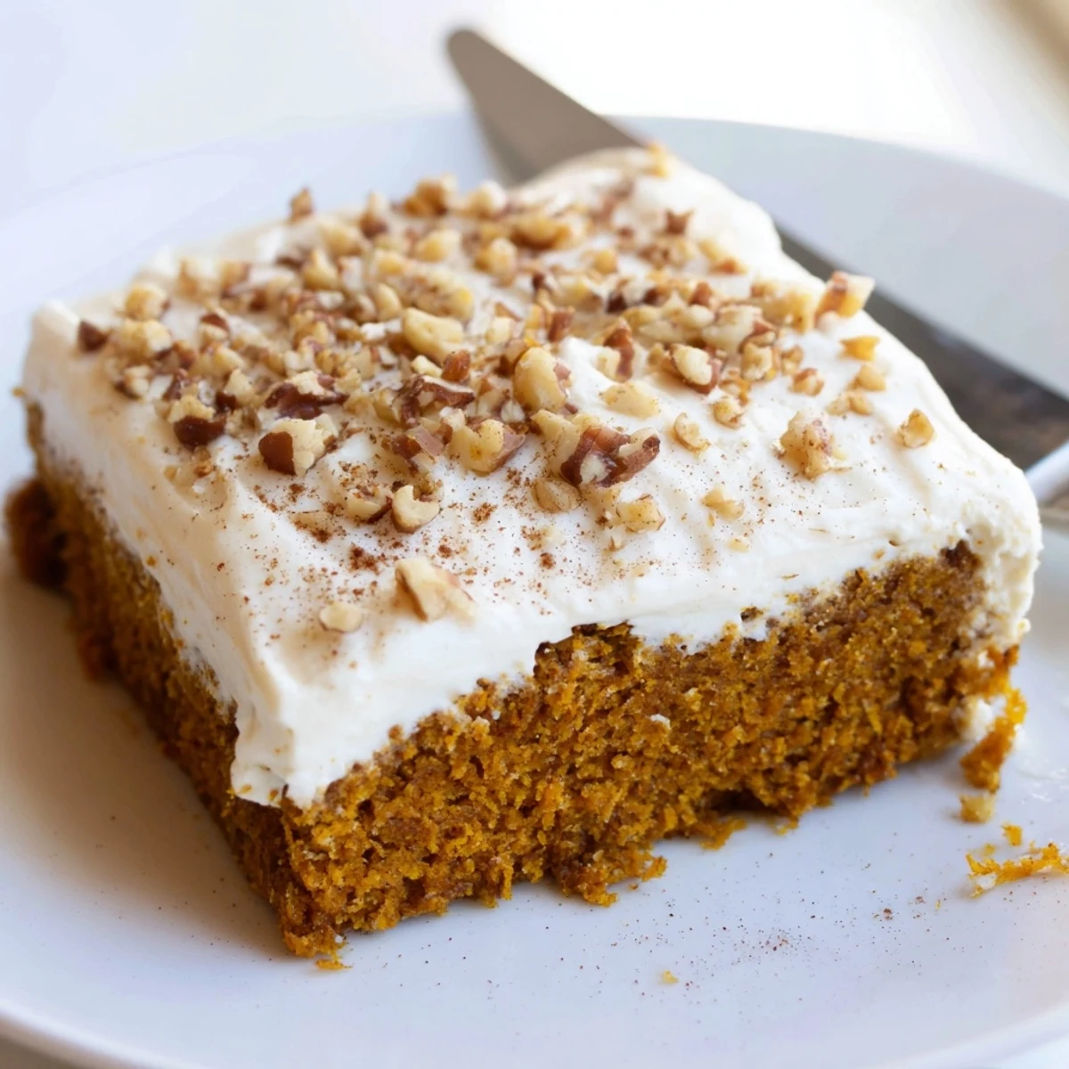 Golden pumpkin bars with cream cheese frosting sliced and arranged on a rustic cutting board