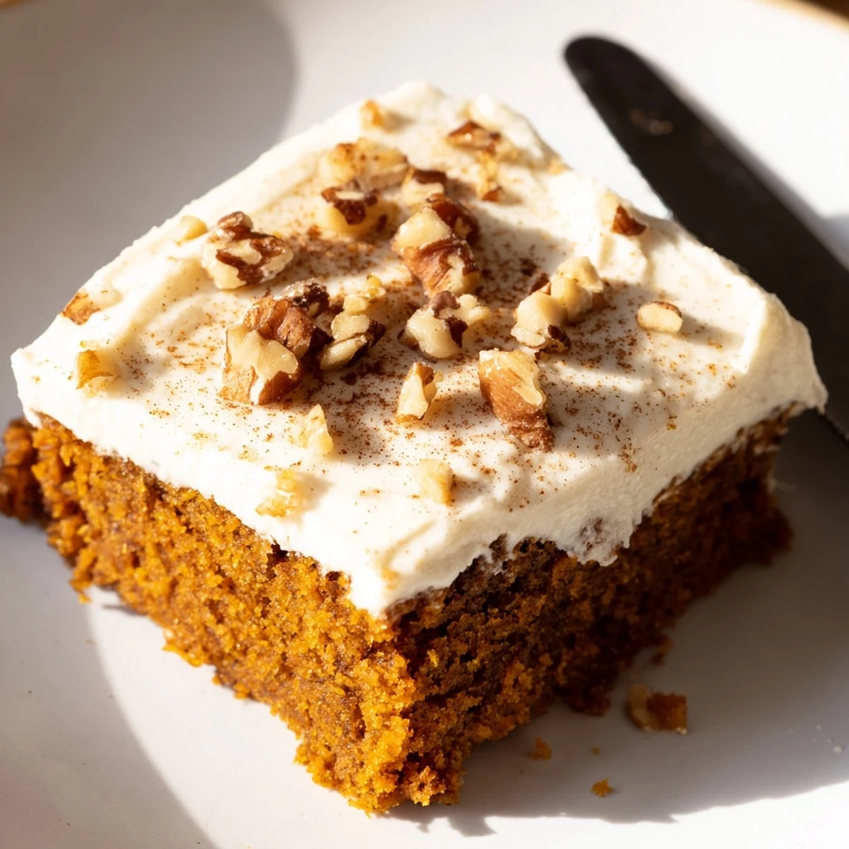 Warm spiced pumpkin bars with cream cheese frosting topped with a dusting of cinnamon