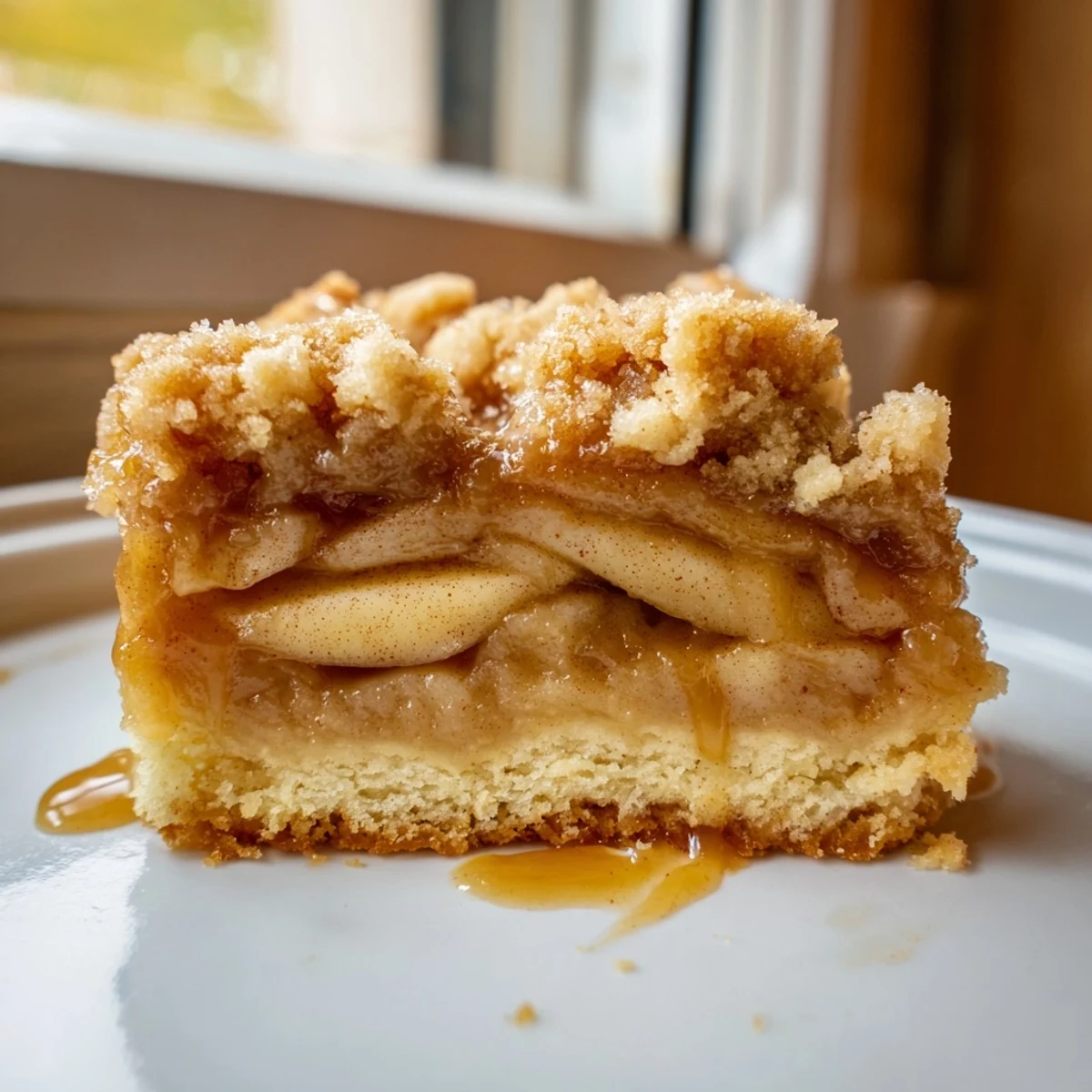 Golden caramel apple crumb bars with buttery streusel topping on a rustic plate