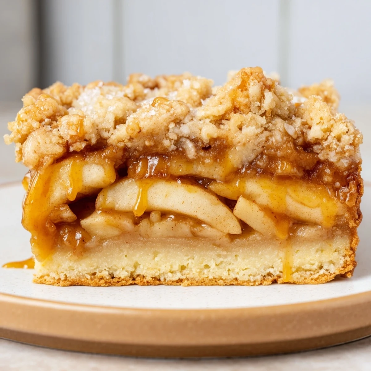 Warm caramel apple crumb bars cut into squares showing tender cinnamon apple filling