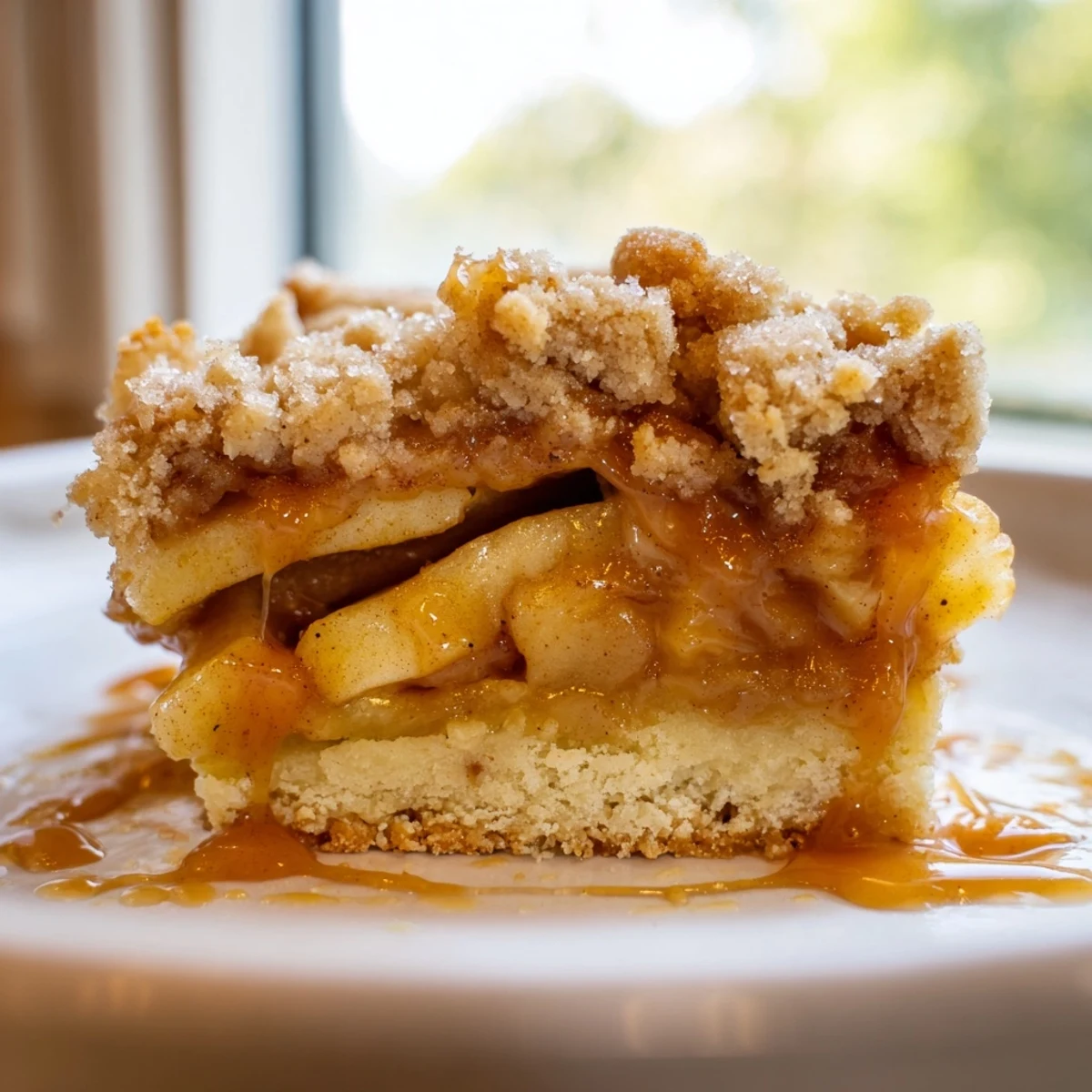 Homemade caramel apple crumb bars drizzled with extra sauce on a fall dessert table