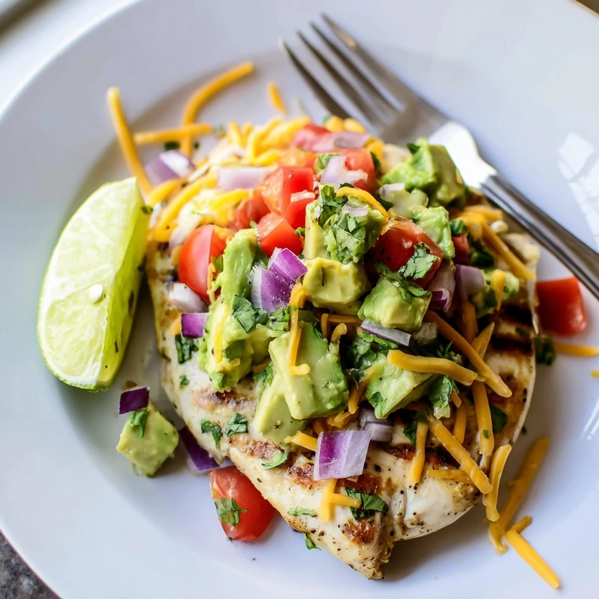 Sizzling grilled fiesta lime chicken with avocado served on a white plate