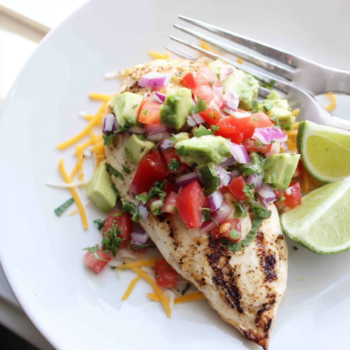 Golden seared fiesta lime chicken topped with creamy diced avocado and cilantro
