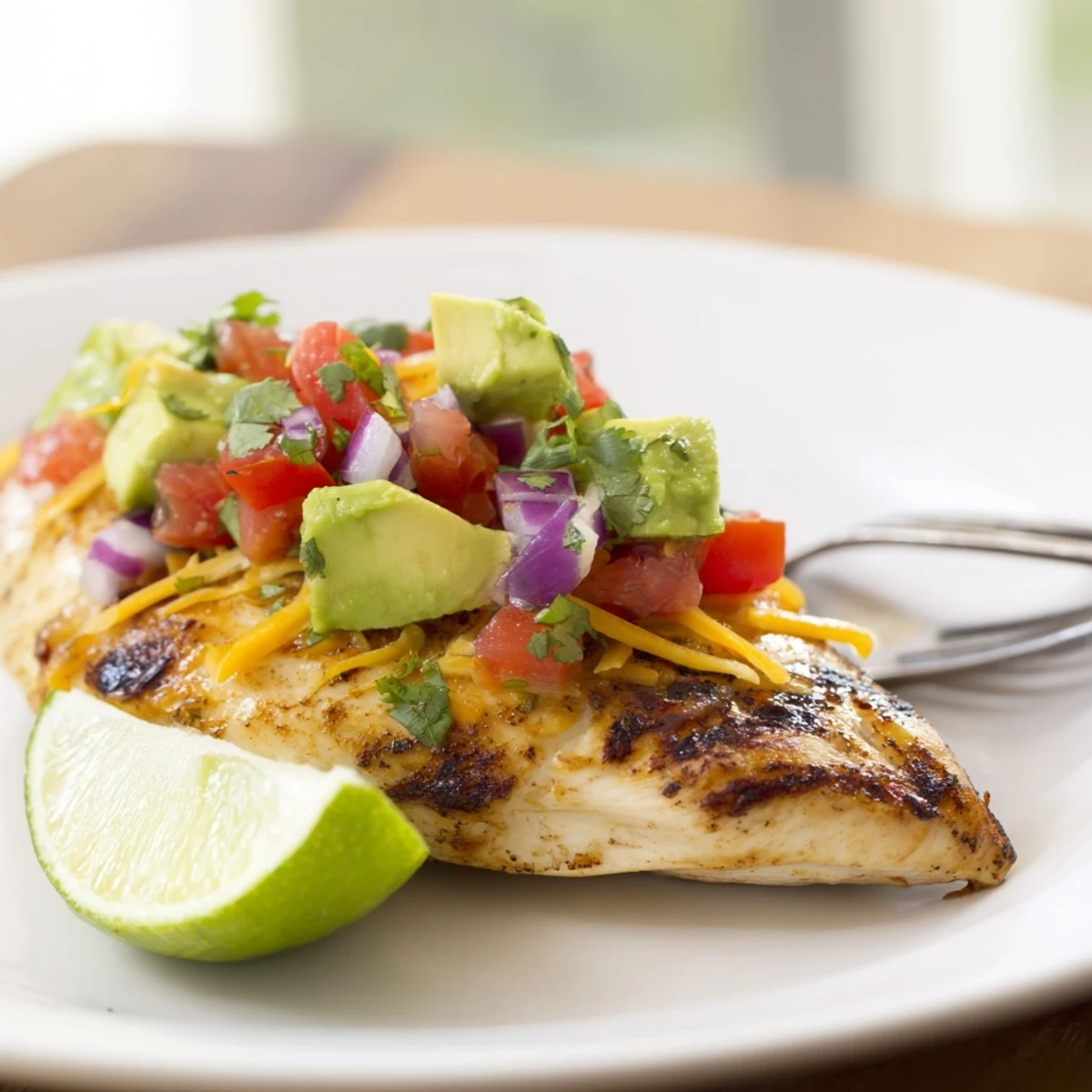 Juicy fiesta lime chicken with fresh avocado salsa and a lime wedge
