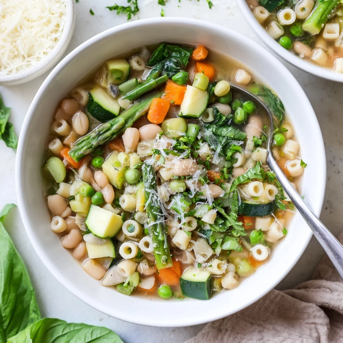 Steaming bowl of spring minestrone soup recipe with tender pasta and bright green vegetables.