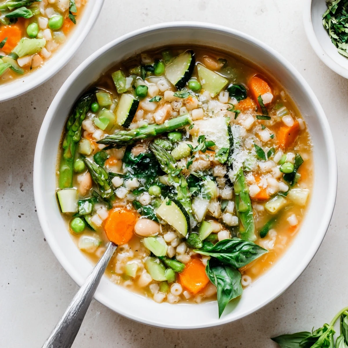 A rustic bowl of spring minestrone soup recipe garnished with grated Parmigiano Reggiano cheese.
