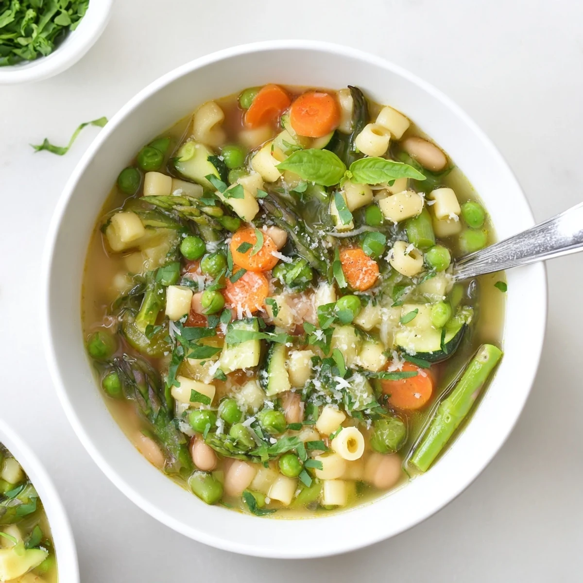 Golden olive oil swirls over this spring minestrone soup recipe topped with fresh basil.