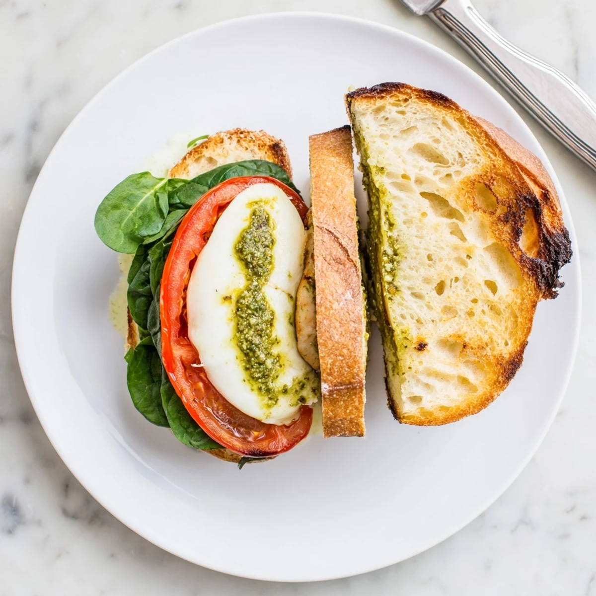 Golden grilled chicken pesto sandwich on toasted ciabatta with melted mozzarella