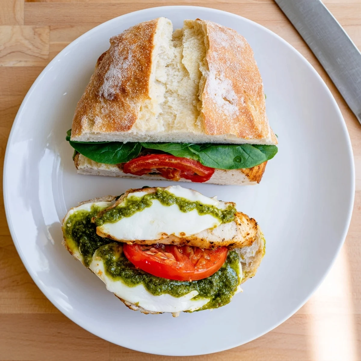 Warm chicken pesto sandwich sliced open revealing gooey mozzarella and basil spread
