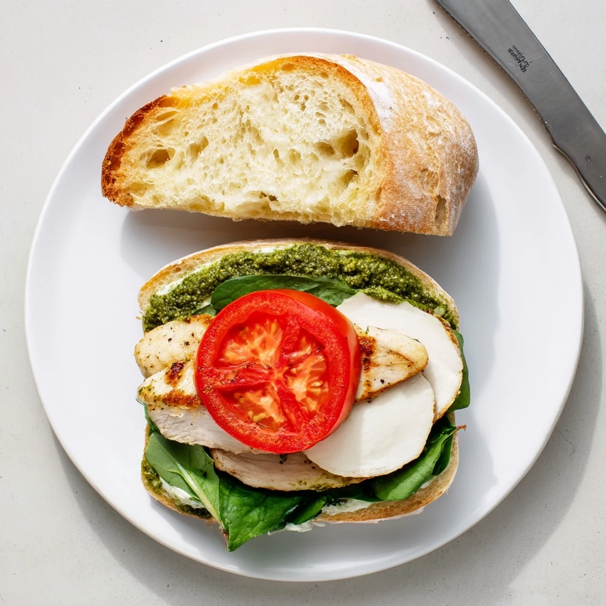 Chicken pesto sandwich recipe layered with juicy cutlets, tomato, and fresh arugula