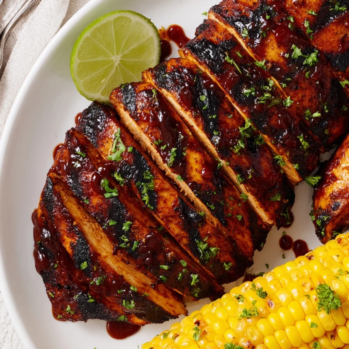 Plated BBQ Chicken With Corn: smoky, glazed breasts beside buttery grilled corn.