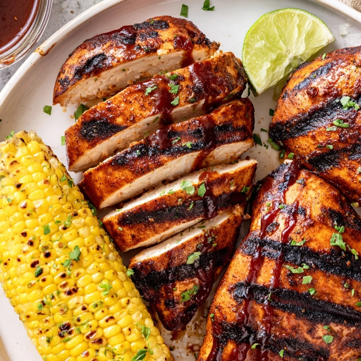 Close-up of BBQ Chicken With Corn on board, juicy glaze and char.