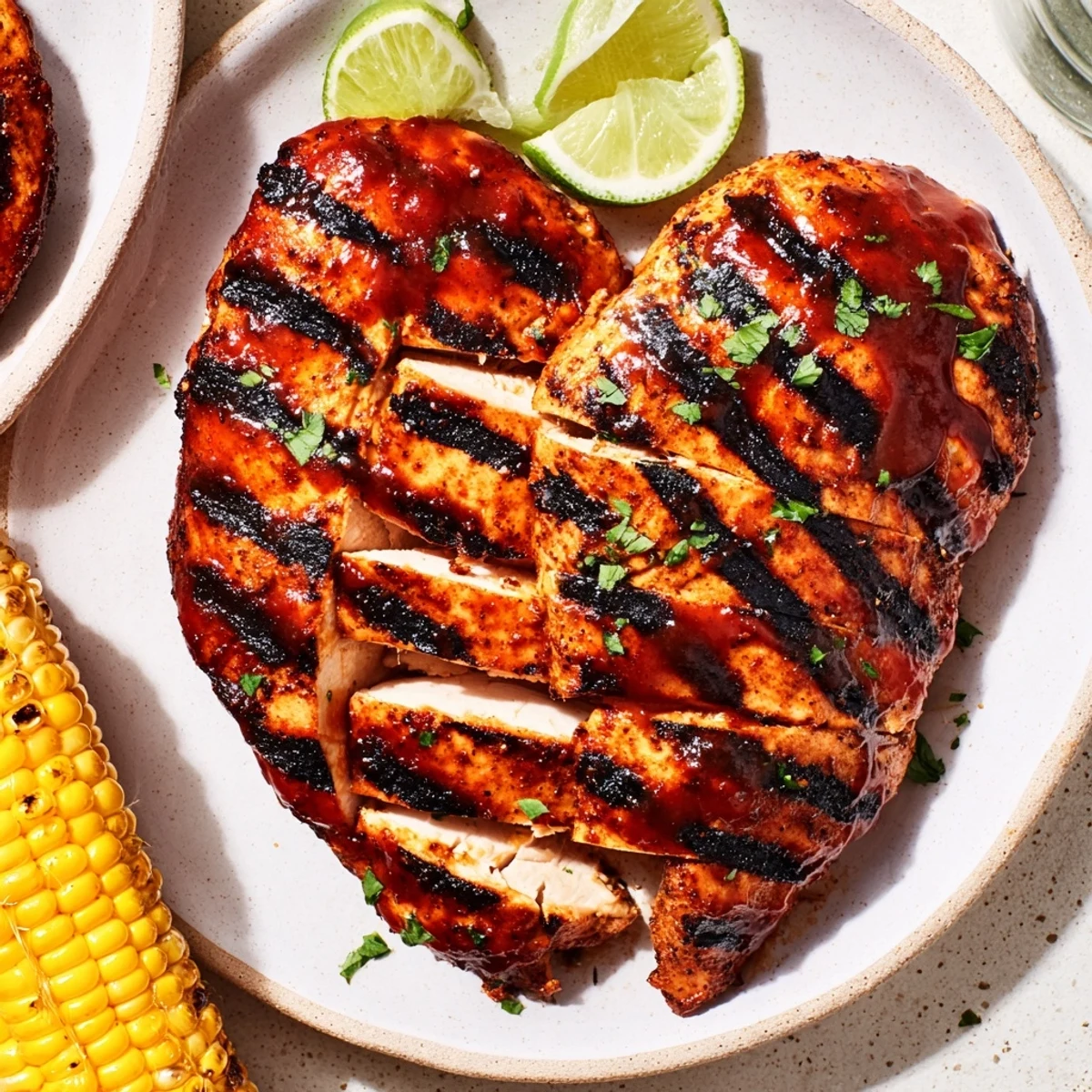 Family-style BBQ Chicken With Corn served hot with buttered ears and parsley.