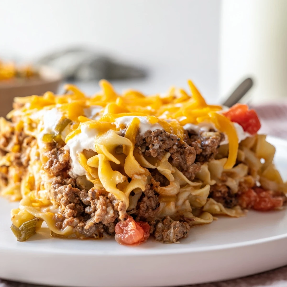 Beef Lombardi Casserole bubbling golden, cheesy top with fork ready noodles