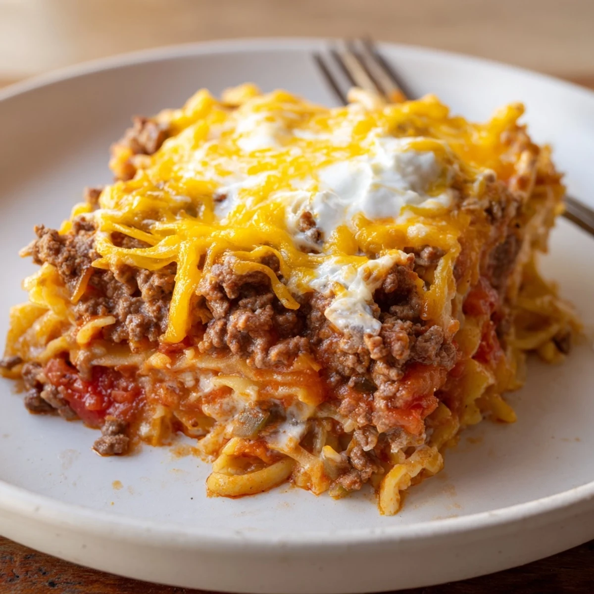 Hearty Beef Lombardi Casserole layered with creamy cottage cheese and tomato