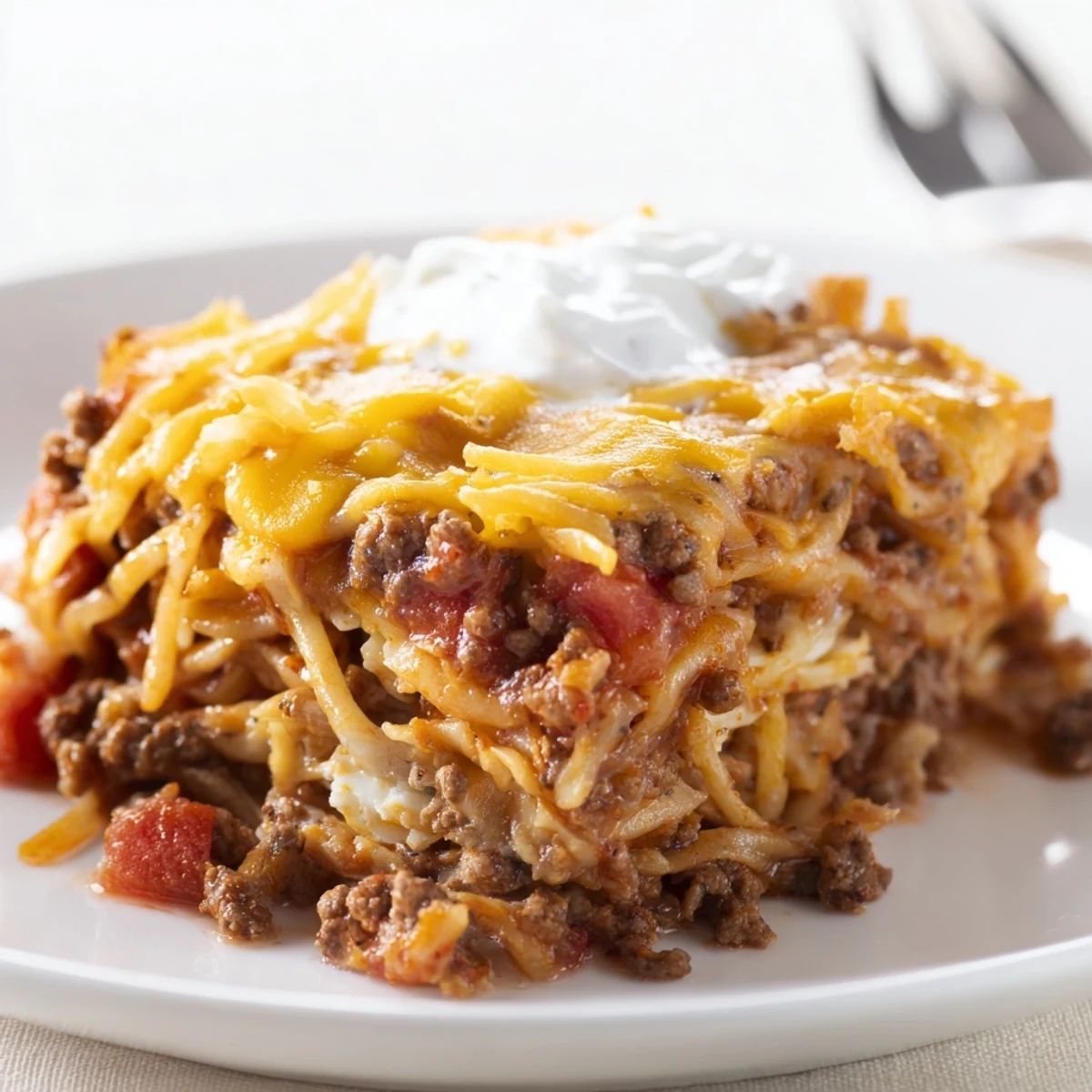 Sliced Beef Lombardi Casserole cooling on counter, perfect with crusty bread