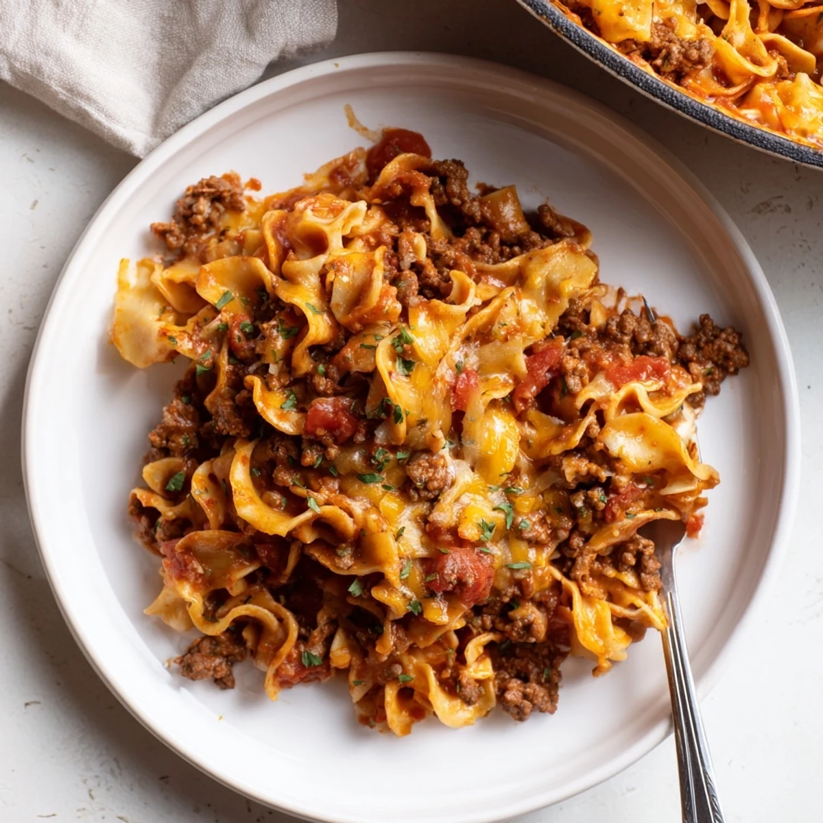 Beef Noodle Casserole bubbling with melted cheddar, golden edges and steam  