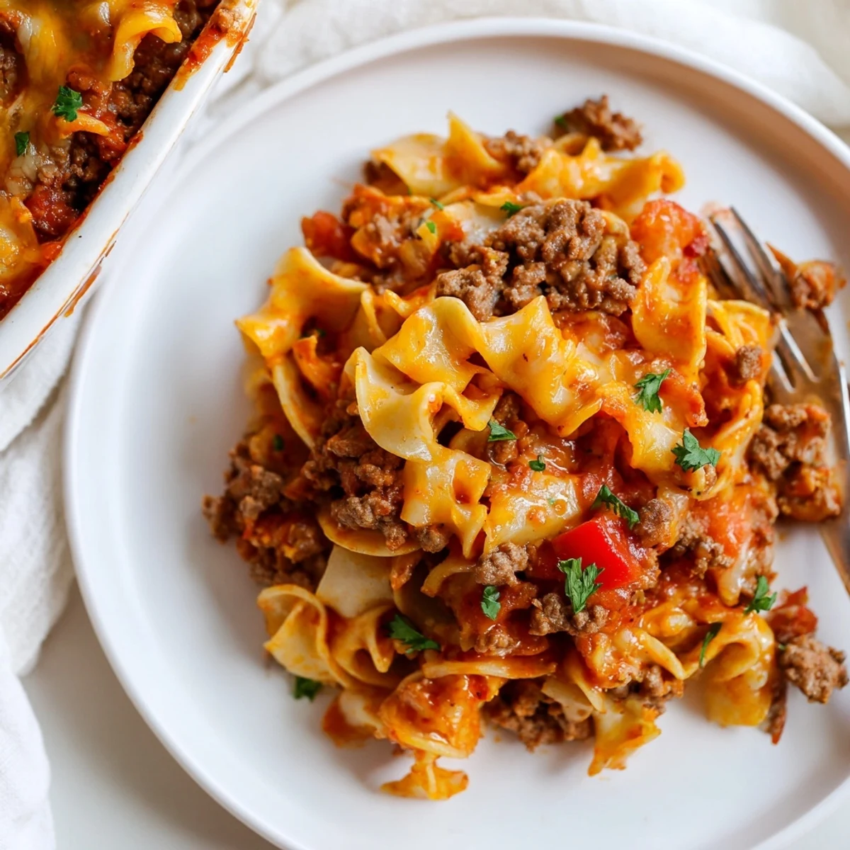 Hearty Beef Noodle Casserole served hot with garlic bread and parsley  