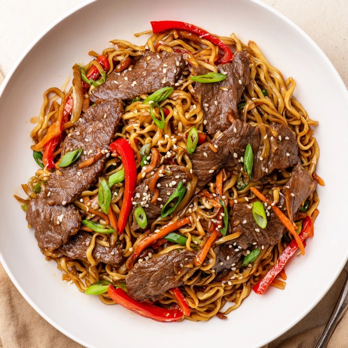 Sticky Beef Noodles glistening with glossy sauce, tossed with scallions and toasted sesame