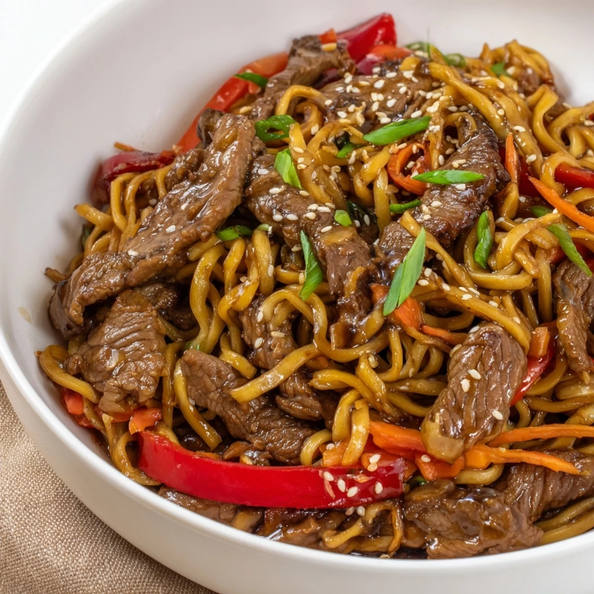 A bowl of Sticky Beef Noodles with tender beef strips and crunchy peppers