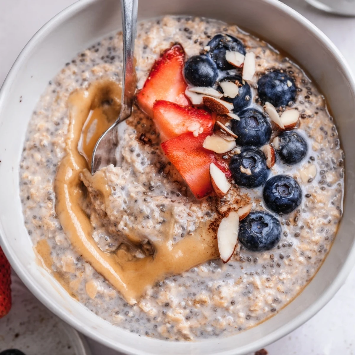 Protein Overnight Oats in a mason jar topped with fresh berries