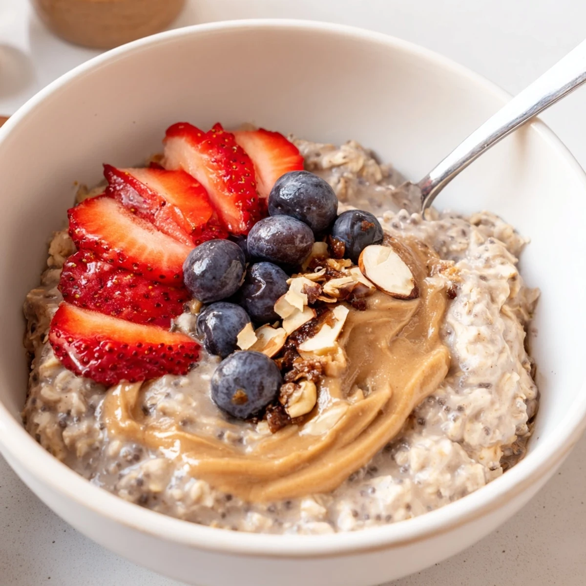 Creamy Protein Overnight Oats spooned into a bowl with crunchy nuts