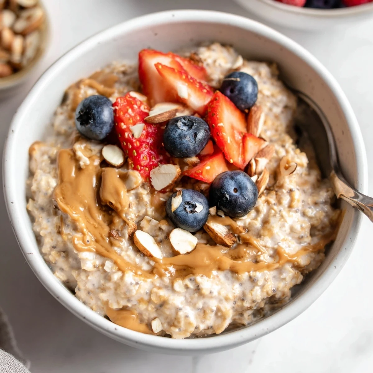 Chilled Protein Overnight Oats with vanilla swirl and a dollop of yogurt