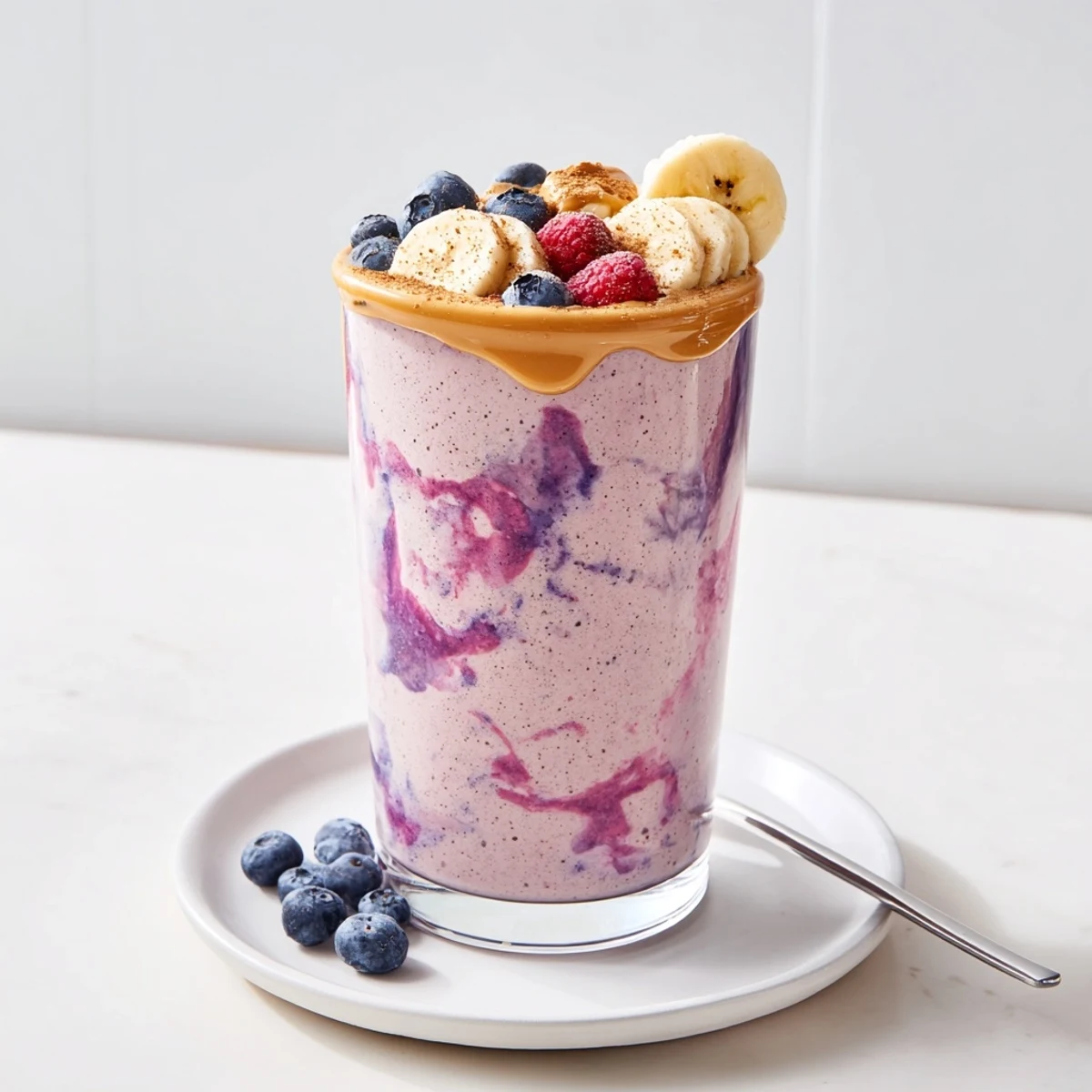 High Protein Smoothie in tall glass, creamy berry-banana texture topped with chia