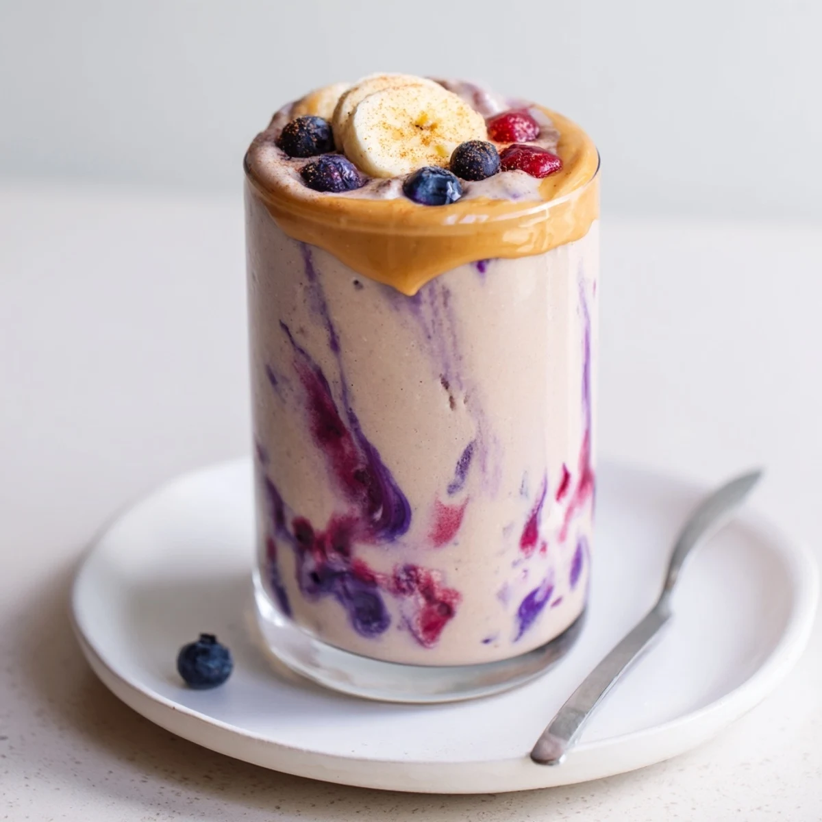 Cold High Protein Smoothie studded with frozen berries, banana, and maple sweetness