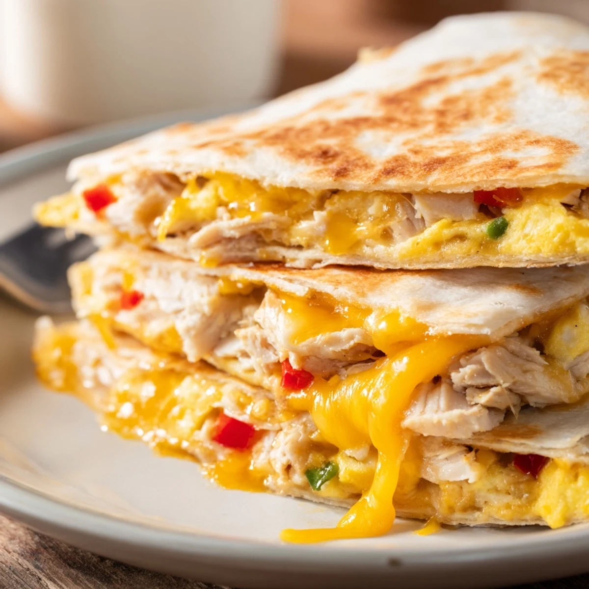 Chicken Breakfast Quesadilla golden and crispy, cheese oozing, served with salsa