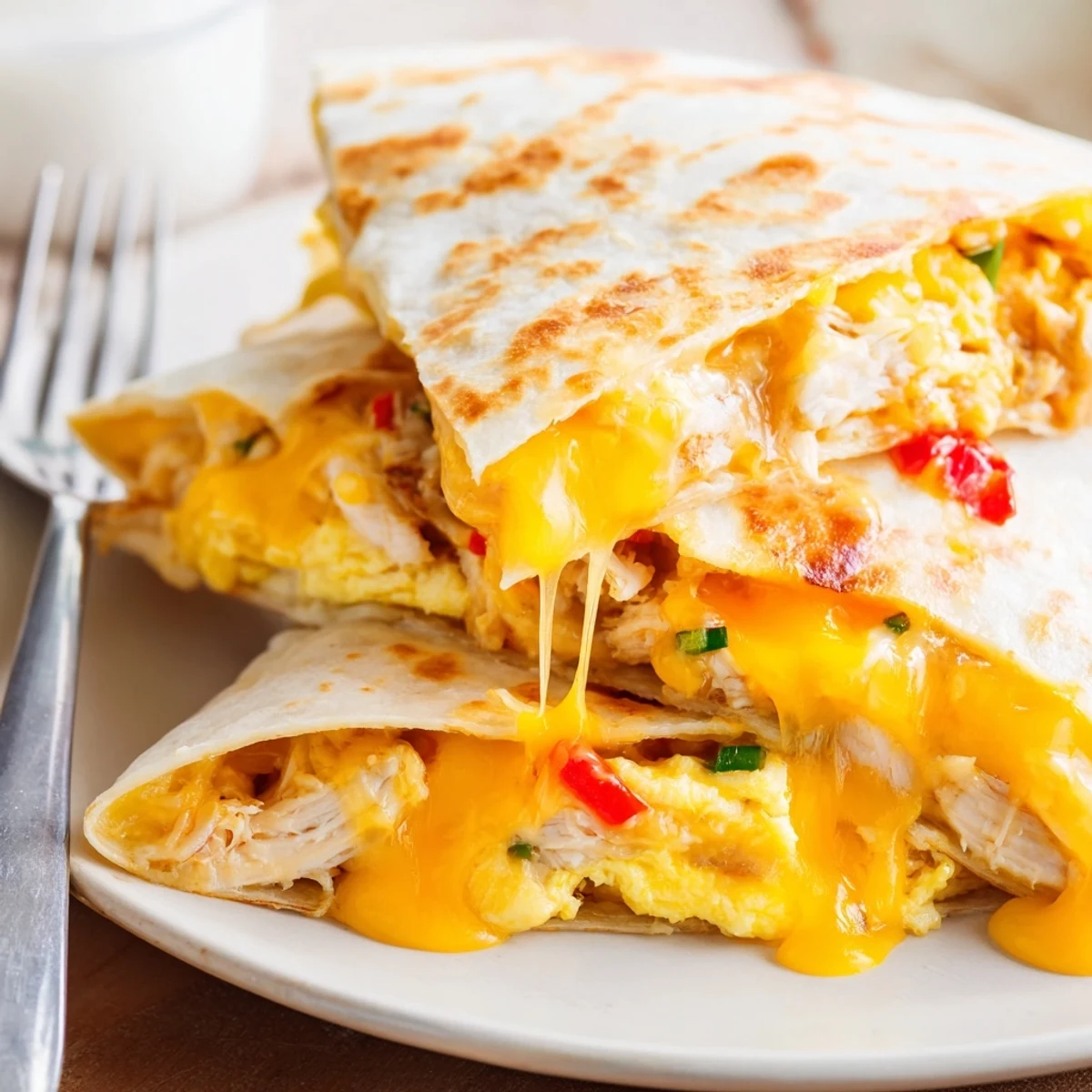 Chicken Breakfast Quesadilla filled with tender shredded meat, fluffy eggs, and sautéed peppers