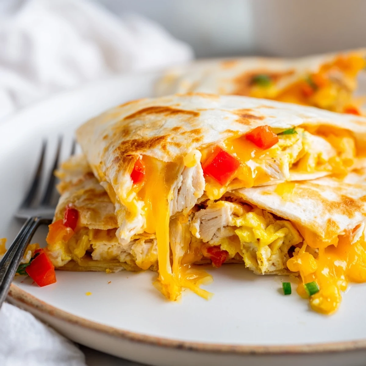 Chicken Breakfast Quesadilla toasted to golden perfection, sliced wedges resting on breakfast plate