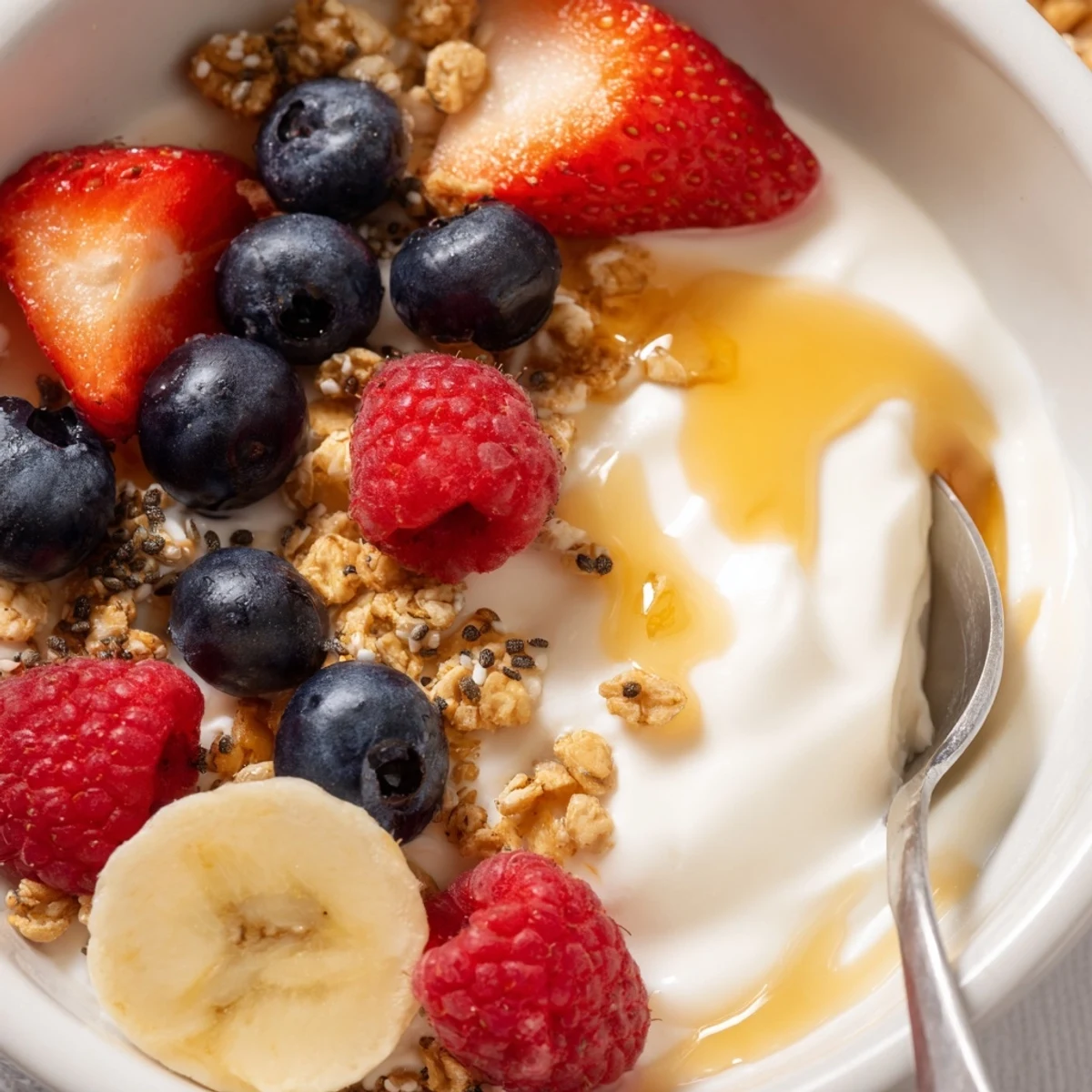Cottage Cheese Breakfast Bowl with creamy curds, juicy berries, crunchy granola, honey drizzle