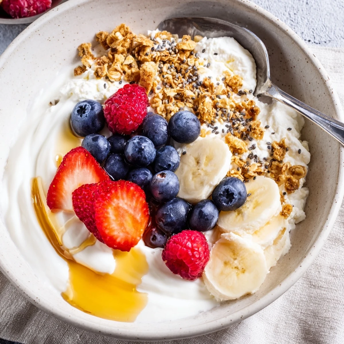 Sunlit Cottage Cheese Breakfast Bowl topped with banana slices, chia seeds, toasted nuts