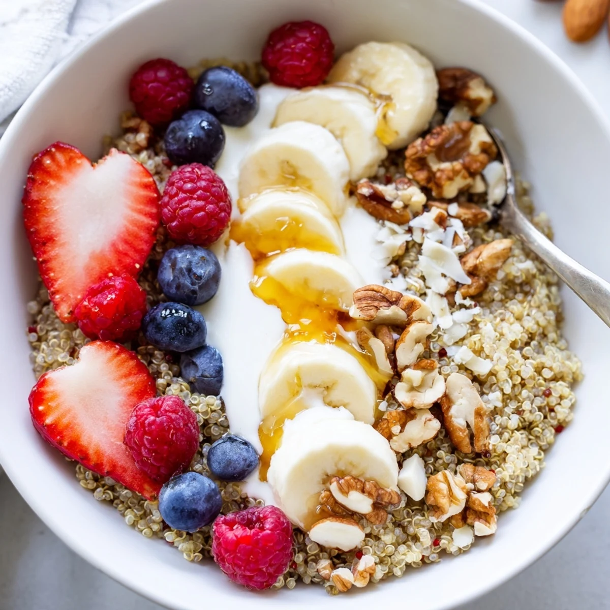 Warm oats alternative, honey-drizzled Quinoa Breakfast Bowl with toasted almond crunch