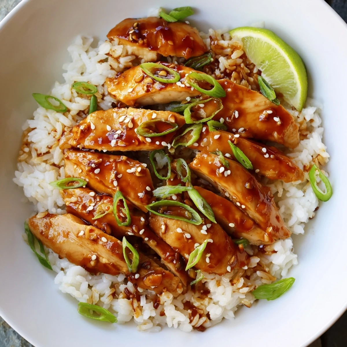 Spicy Maple Chicken And Coconut Rice glazed, steaming over fragrant jasmine rice